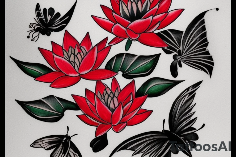 Red Lotus flower with 3 black butterflies tattoo idea
