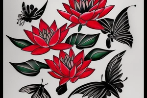 Red Lotus flower with 3 black butterflies tattoo idea