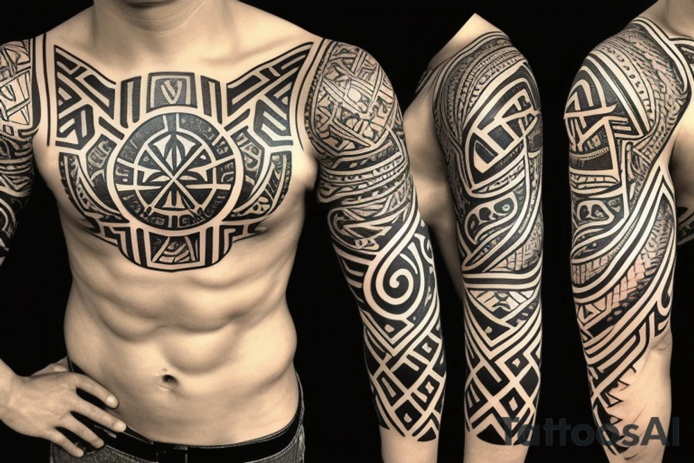 samoan sleeve with maltese cross in the middle tattoo idea