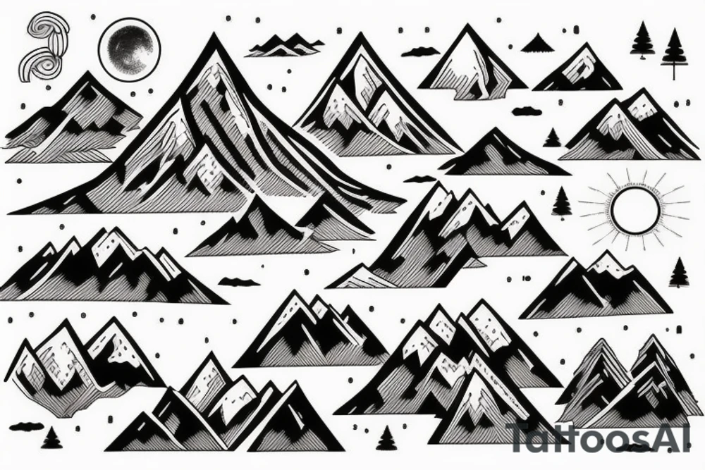 Mountain Range with  lake and  Hut tattoo idea