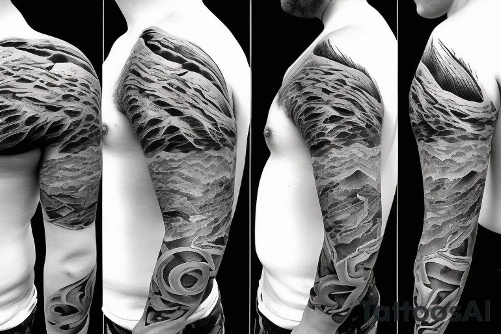 Back tattooMountain Range with  lake and  Hut tattoo idea