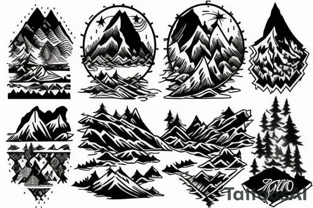 Back tattooMountain Range with  lake and  Hut tattoo idea