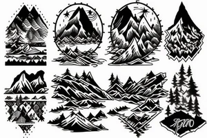 Back tattooMountain Range with  lake and  Hut tattoo idea