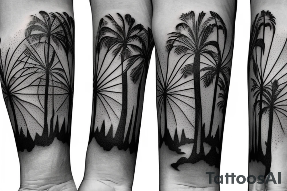 An upper arm sleeve that combines an oak tree, redwood tree, and palm tree with a California-esque background. tattoo idea