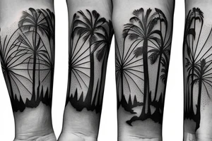 An upper arm sleeve that combines an oak tree, redwood tree, and palm tree with a California-esque background. tattoo idea