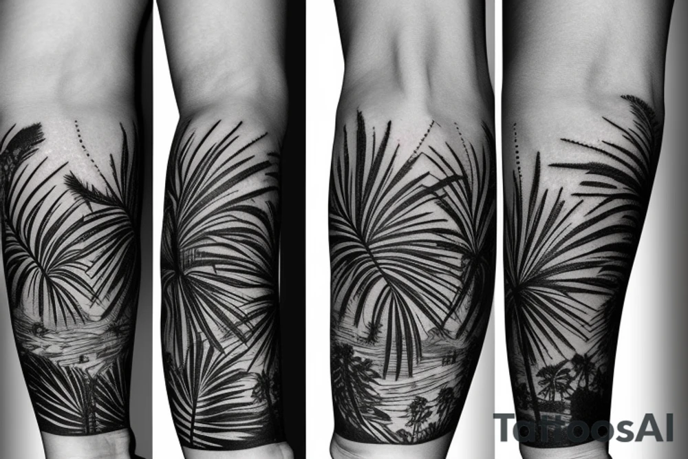An upper arm sleeve that combines an oak tree, redwood tree, and palm tree with a California-esque background. tattoo idea