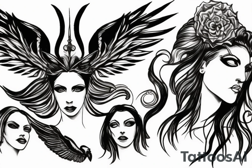 Three faced winged women holding a triton tattoo idea