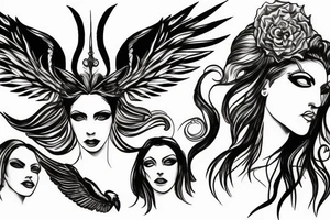 Three faced winged women holding a triton tattoo idea