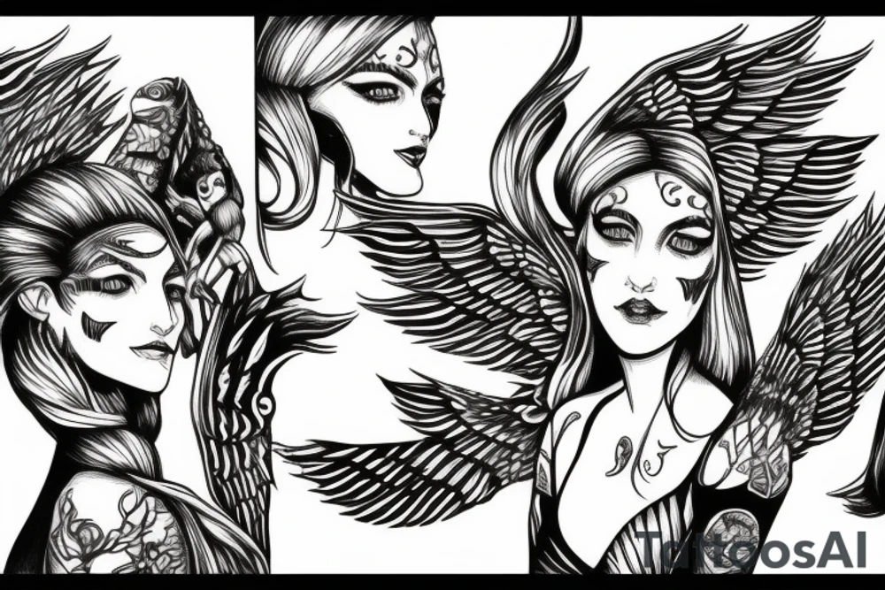 Three faced winged women holding a triton tattoo idea