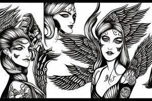 Three faced winged women holding a triton tattoo idea