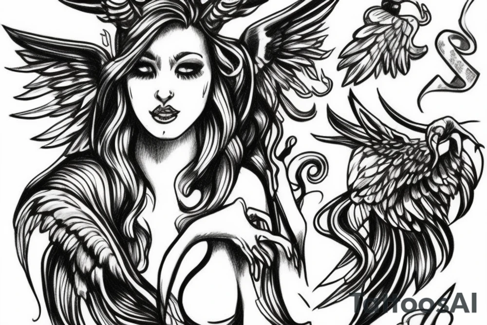 Winged woman with 3 faces holding a triton tattoo idea