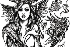 Winged woman with 3 faces holding a triton tattoo idea