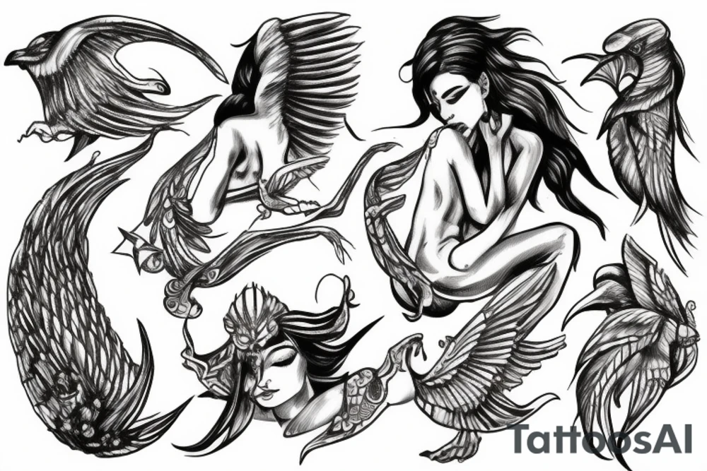 Winged woman with 3 faces holding a triton tattoo idea