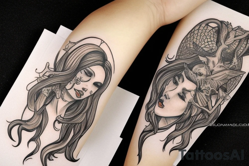 Winged woman with 3 faces holding a triton tattoo idea