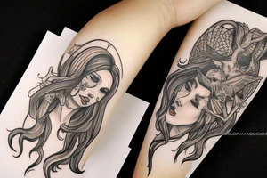 Winged woman with 3 faces holding a triton tattoo idea