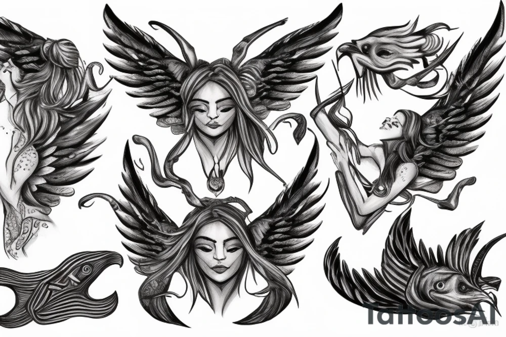 Winged woman with 3 faces holding a triton tattoo idea