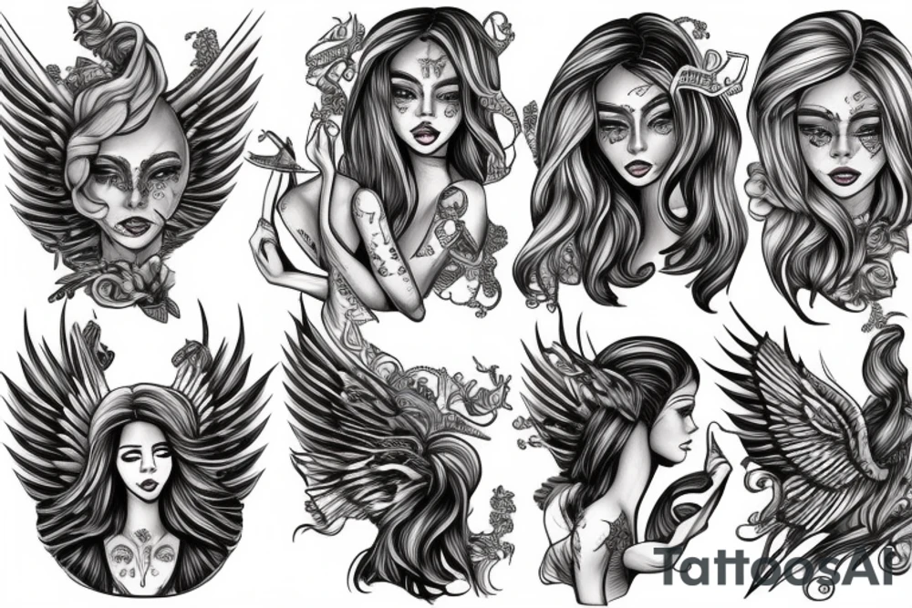 Winged faceless woman holding a triton tattoo idea