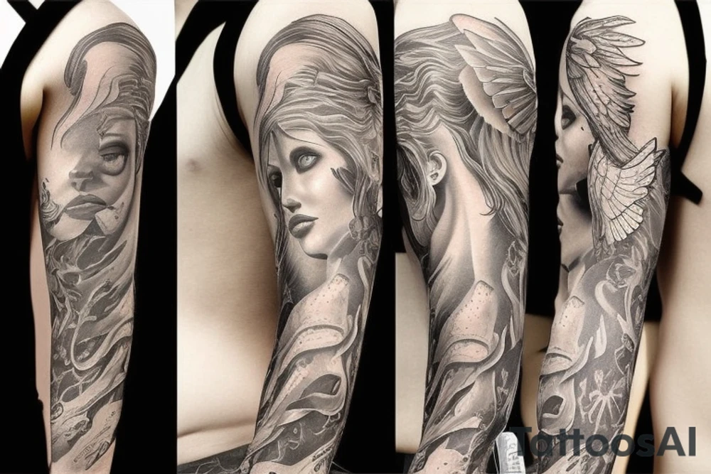Winged faceless woman holding a triton tattoo idea