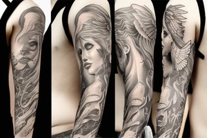 Winged faceless woman holding a triton tattoo idea