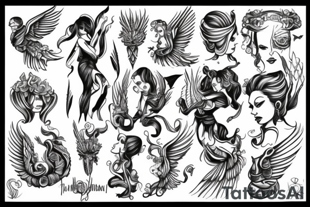 Winged faceless woman holding a triton tattoo idea