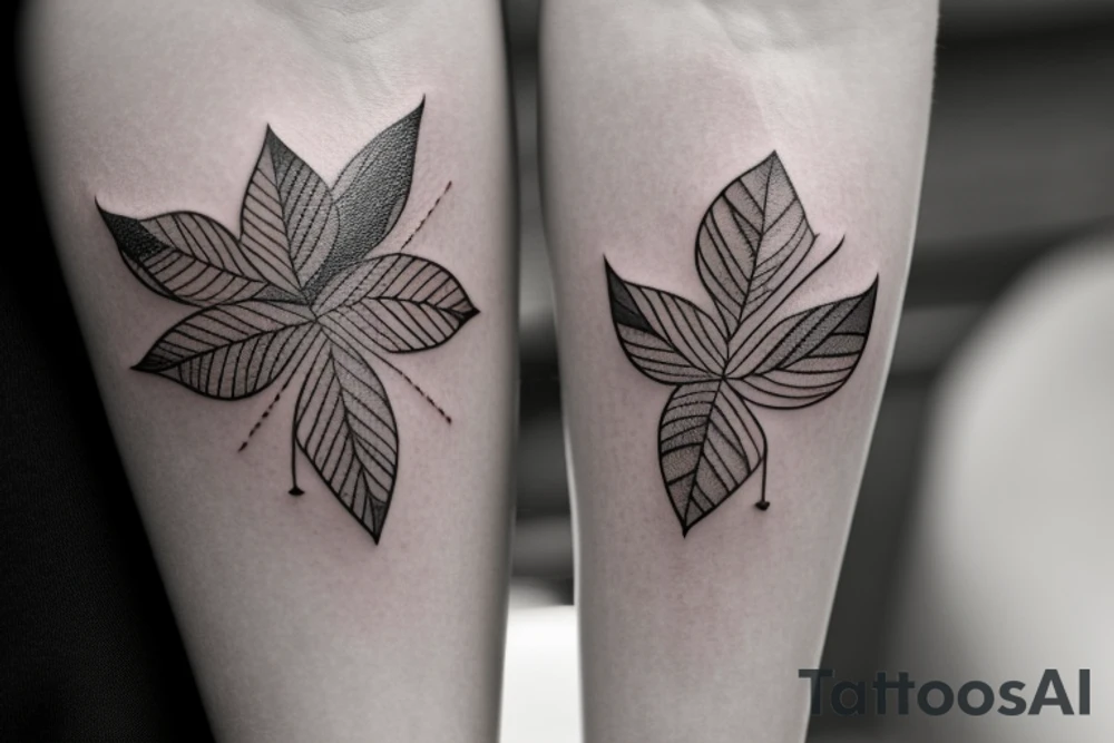 Matching tattoos for two sisters. Both sisters are taurus. Older sister was born in May 1984. Younger sister was born in April 1987. Minimalist design that is feminine. One to two inches in size. Line work tattoo. Emphasize nature, animals ,or plants. Single line. Dainty. Floral. Two leaves. tattoo idea