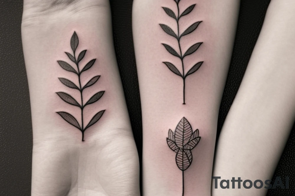 Matching tattoos for two sisters. Both sisters are taurus. Older sister was born in May 1984. Younger sister was born in April 1987. Minimalist design that is feminine. One to two inches in size. Line work tattoo. Emphasize nature, animals ,or plants. Single line. Dainty. Floral. Two leaves. Puppies tattoo idea
