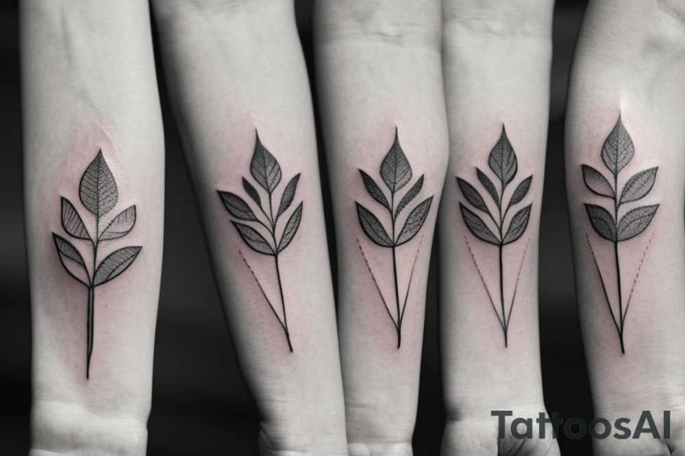 Matching tattoos for two sisters. Both sisters are taurus. Older sister was born in May 1984. Younger sister was born in April 1987. Minimalist design that is feminine. One to two inches in size. Line work tattoo. Emphasize nature, animals ,or plants. Single line. Dainty. Floral. Two leaves. Puppies. Middle. tattoo idea