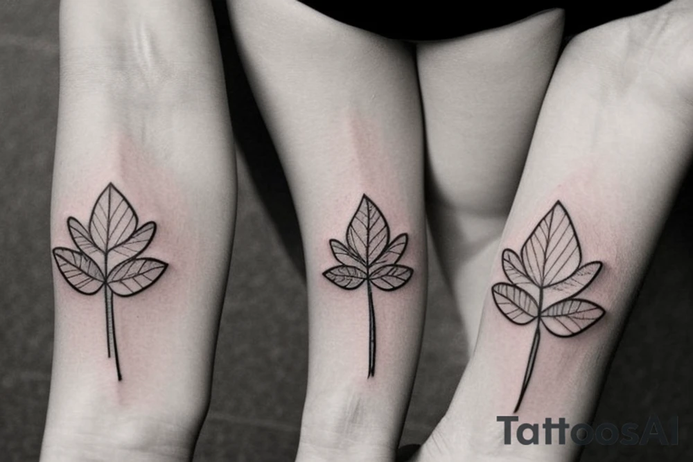 Matching tattoos for two sisters. Both sisters are taurus. Older sister was born in May 1984. Younger sister was born in April 1987. Minimalist design that is feminine. One to two inches in size. Line work tattoo. Emphasize nature, animals ,or plants. Single line. Dainty. Floral. Two leaves. Puppies. Middle. tattoo idea