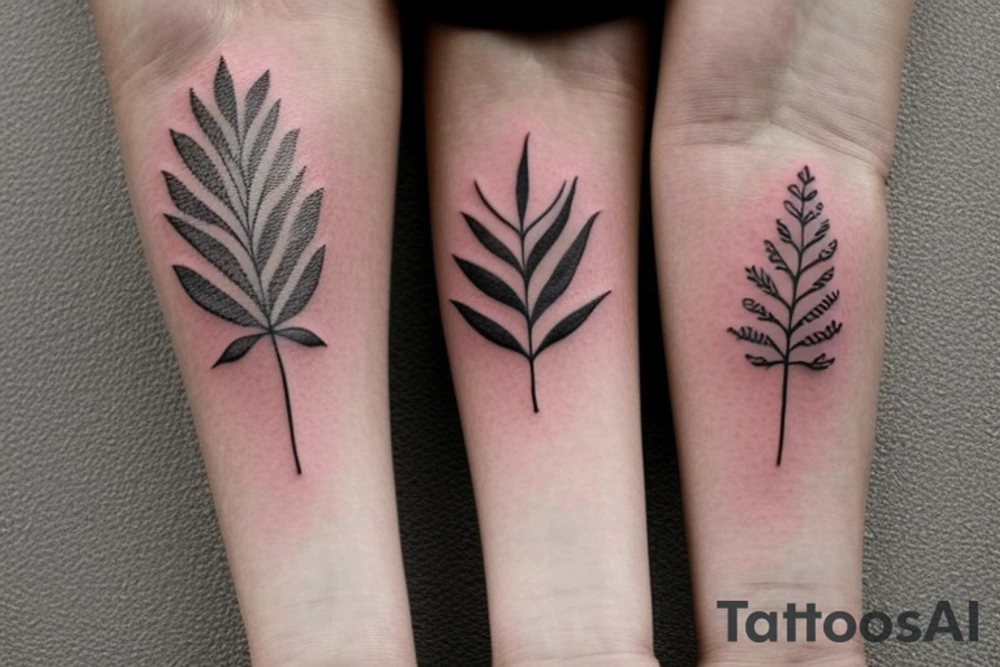 Matching tattoos for two sisters. Both sisters are taurus. Older sister was born in May 1984. Younger sister was born in April 1987. Minimalist design that is feminine. One to two inches in size. Line work tattoo. Emphasize nature, animals ,or plants. Single line. Dainty. Floral. Two leaves. Puppies. Middle. Iowa. Midwest. tattoo idea