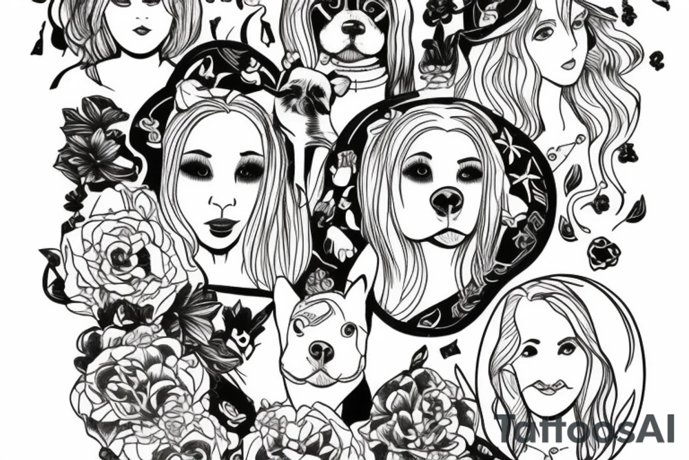 Older sister and younger sister represented by dogs, 2 inches in size, single line tattoo idea
