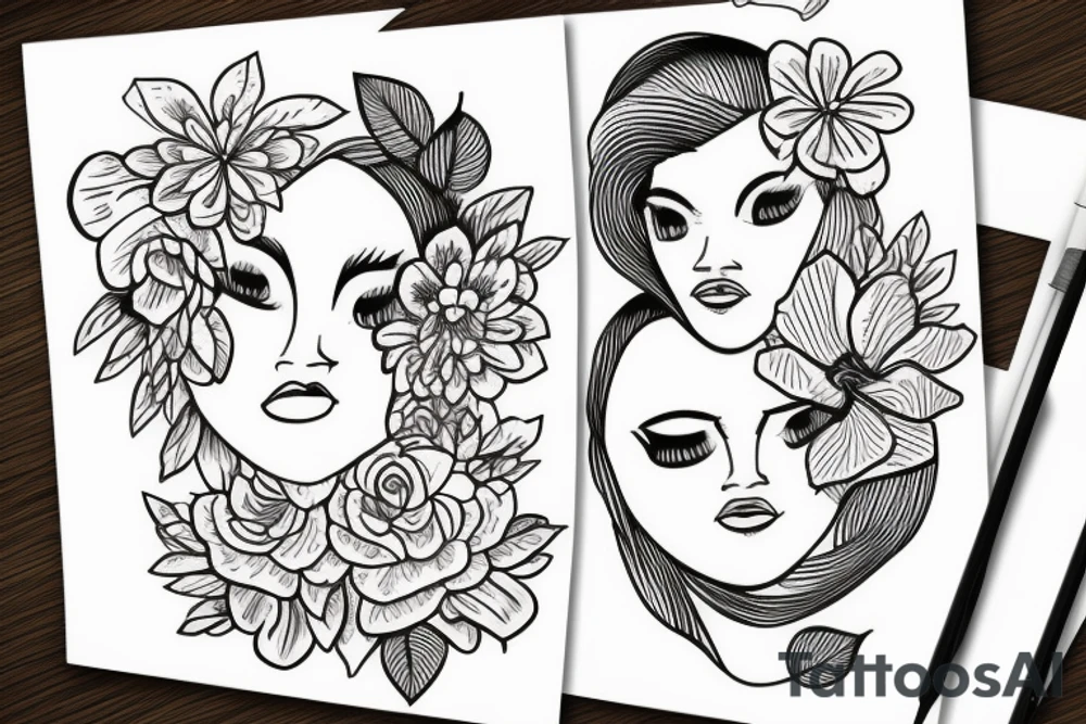 2 sisters, 2 inches in size, single line, floral tattoo idea