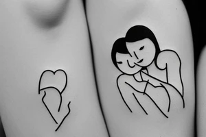 Two sisters hugging. Single line. Minimalist. Simple. Dainty. tattoo idea