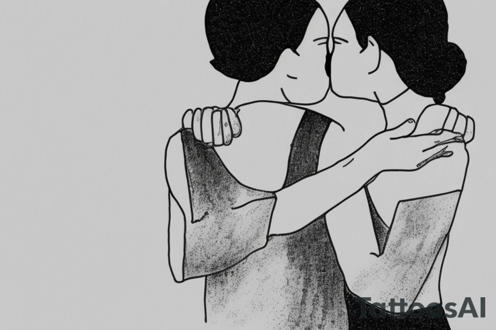 Two sisters hugging. Single line. Minimalist. Simple. Dainty. tattoo idea