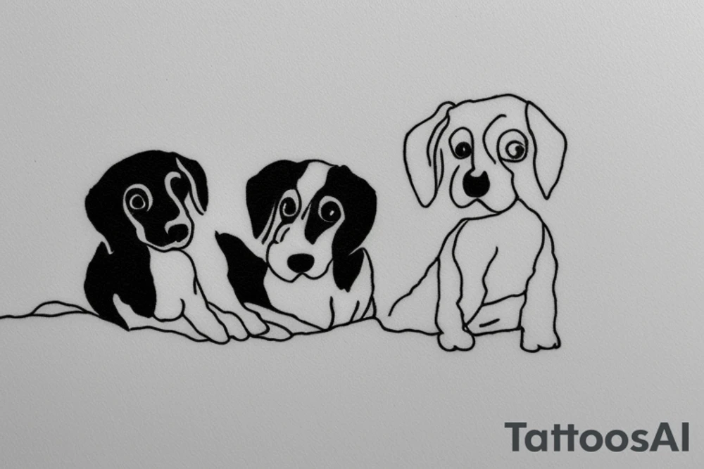 Two sister puppies. Single line. Minimalist. Simple. Dainty. 1 inch. tattoo idea