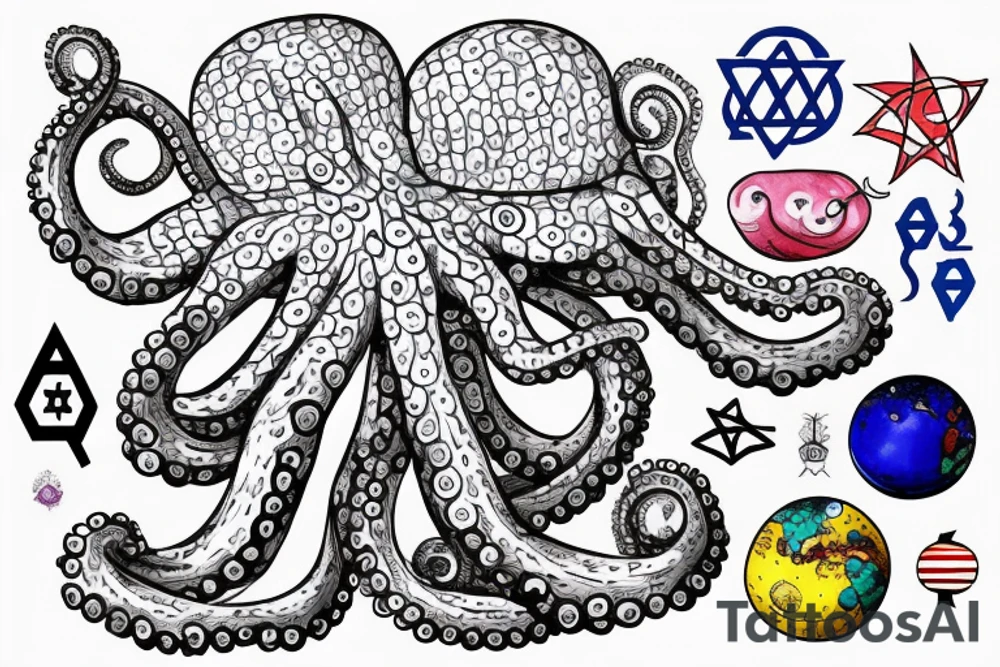 cute multitasking journalist octopus sitting on top of the globe, octopus is wearing a pedant of the star of David tattoo idea