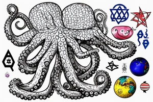 cute multitasking journalist octopus sitting on top of the globe, octopus is wearing a pedant of the star of David tattoo idea