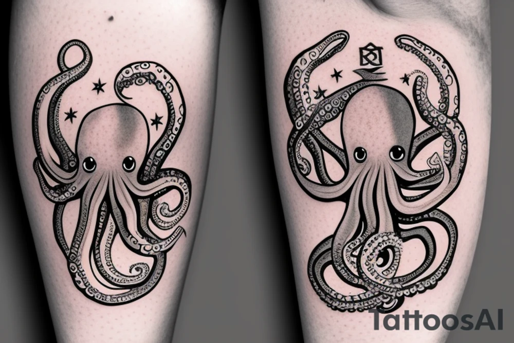 cute multitasking journalist octopus sitting on top of the globe, octopus is wearing a pedant of the star of David tattoo idea