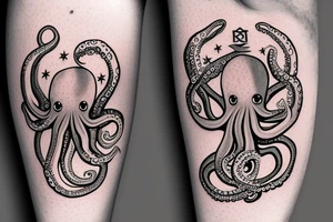 cute multitasking journalist octopus sitting on top of the globe, octopus is wearing a pedant of the star of David tattoo idea