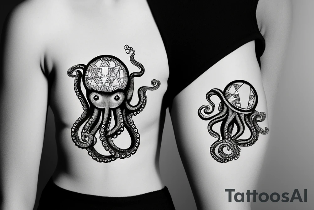cute multitasking journalist octopus sitting on top of the globe, octopus is wearing a pedant of the star of David tattoo idea
