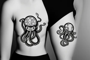 cute multitasking journalist octopus sitting on top of the globe, octopus is wearing a pedant of the star of David tattoo idea