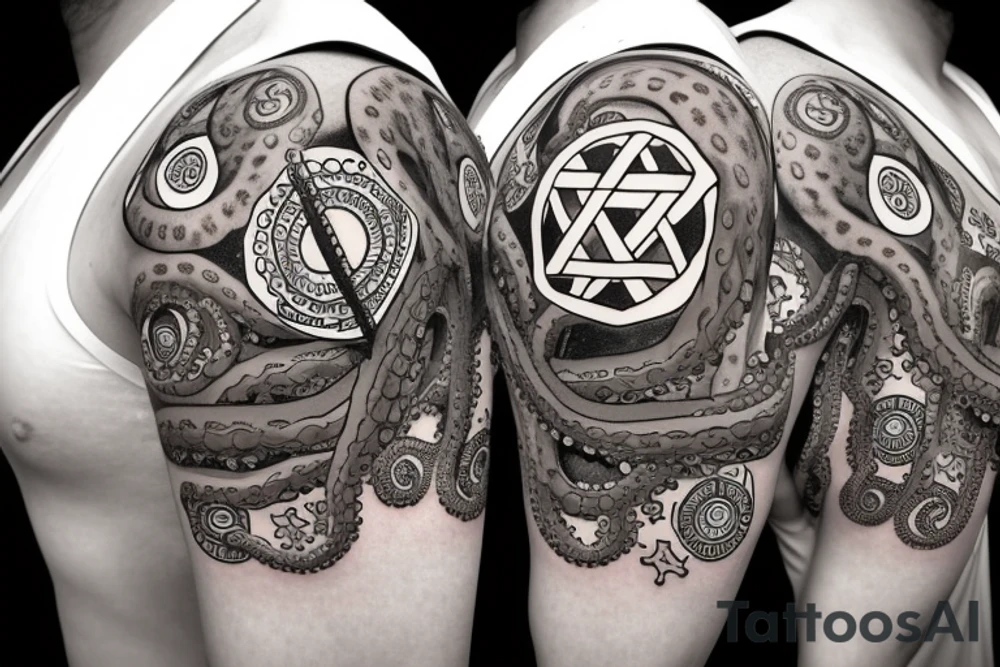 journalist octopus sitting on top of the globe, octopus is wearing a pedant of the star of David tattoo idea