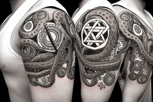 journalist octopus sitting on top of the globe, octopus is wearing a pedant of the star of David tattoo idea