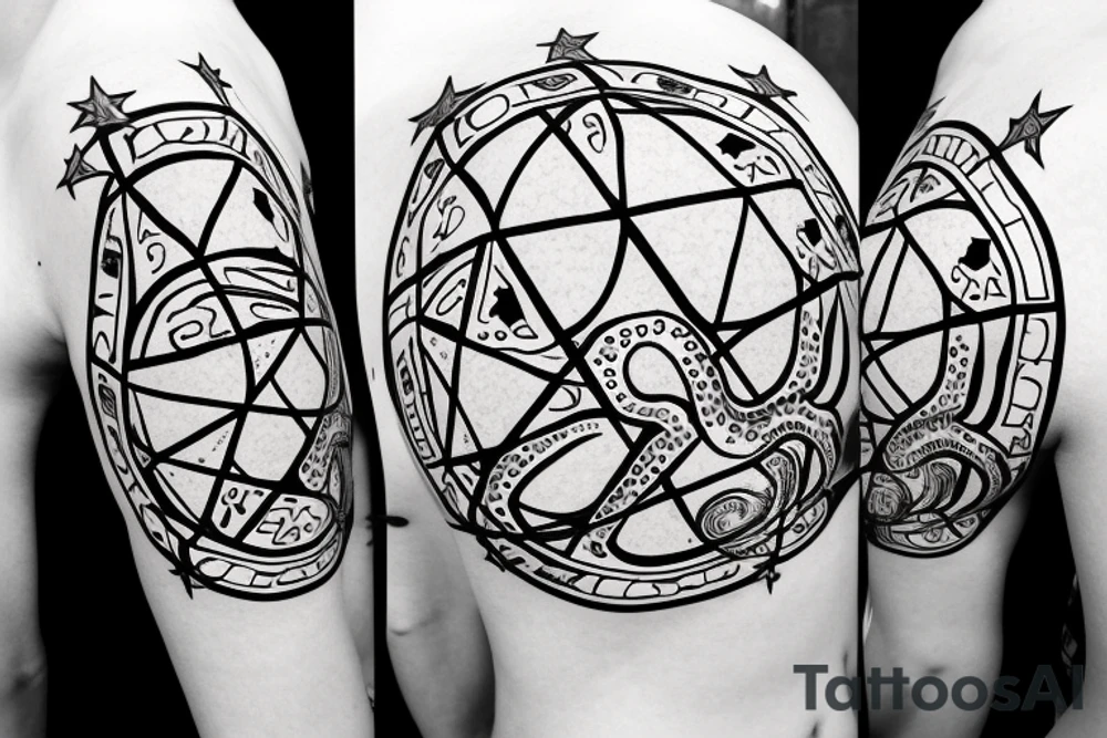 journalist octopus sitting on top of the globe, octopus is wearing a pedant of the star of David tattoo idea