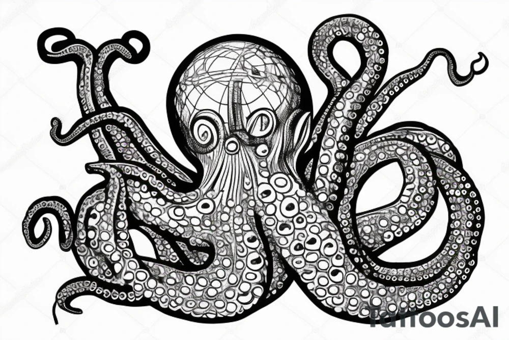 journalist octopus sitting on top of the globe, octopus is wearing a pedant of the star of David tattoo idea
