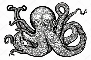 journalist octopus sitting on top of the globe, octopus is wearing a pedant of the star of David tattoo idea