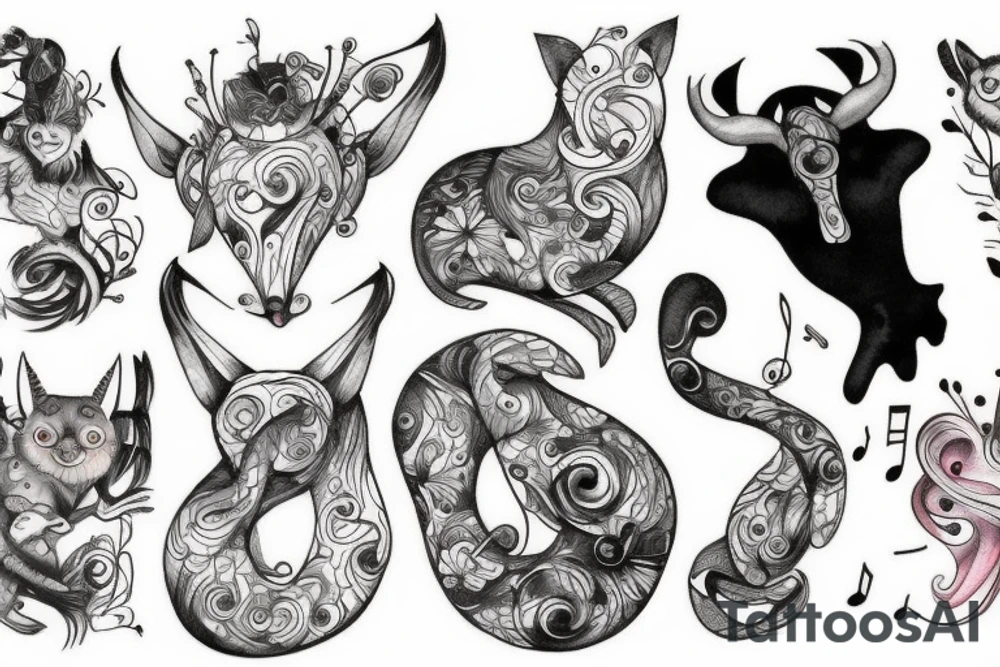 Musical creatures on chest tattoo idea