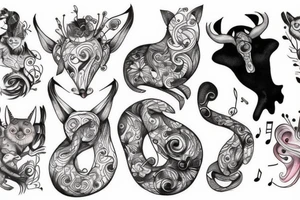 Musical creatures on chest tattoo idea