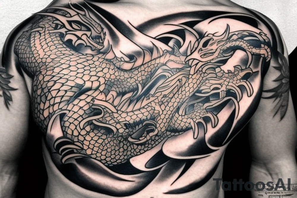 Musical dragon creature chest tattoo tattoo idea