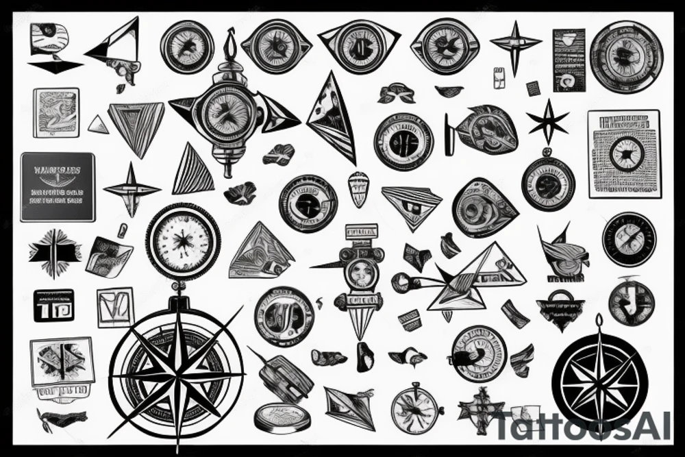 World that is a compass with a paper airplane flying around it and a passport stamp behind it tattoo idea
