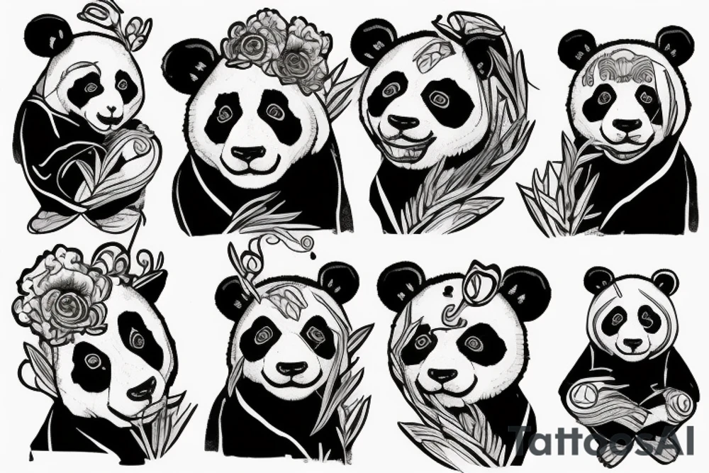 Gloomy panda, white background, clean background, clear lines, correct proportions, sketch on a white flat background, enhanced details tattoo idea
